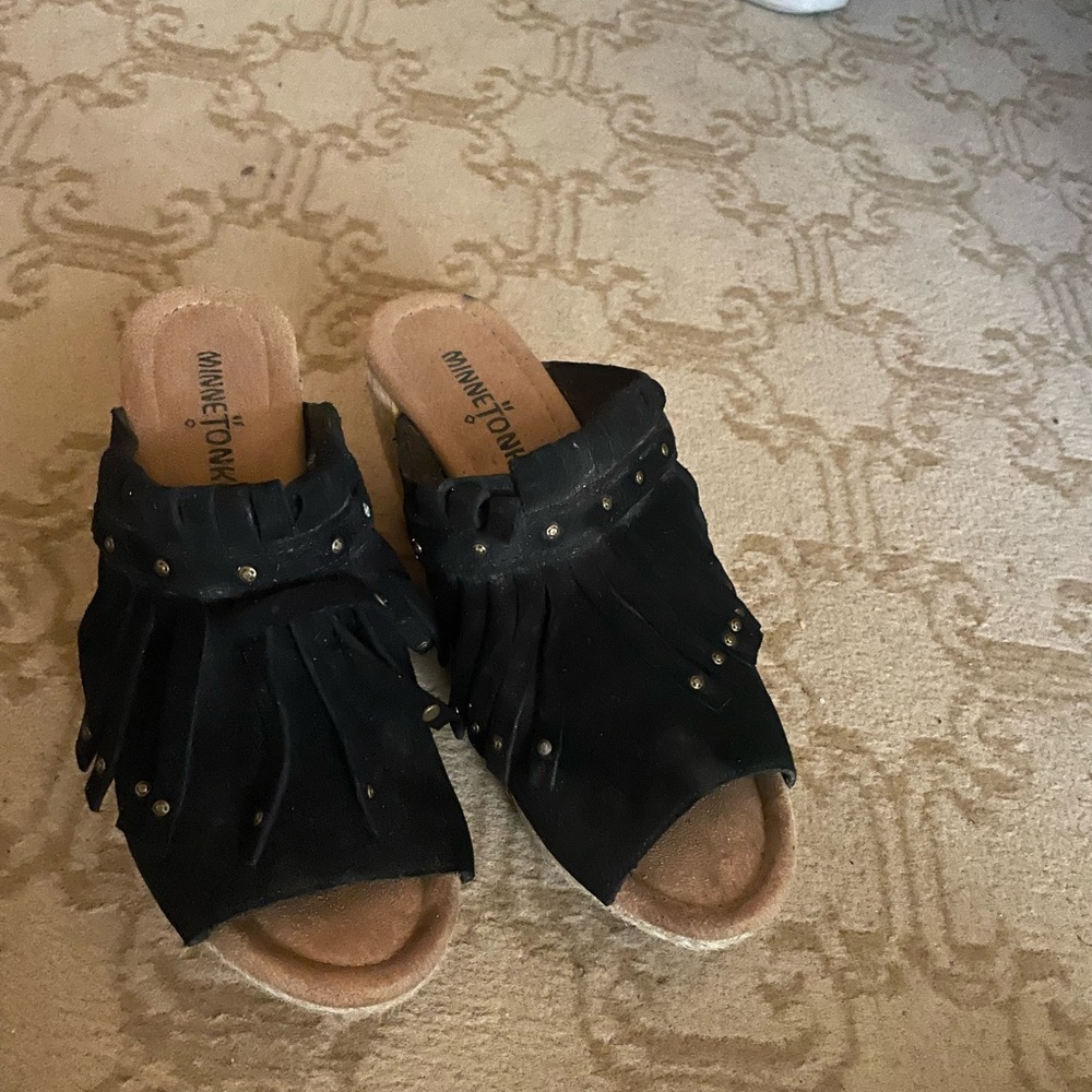 Minnetonka Black Fringe Mules